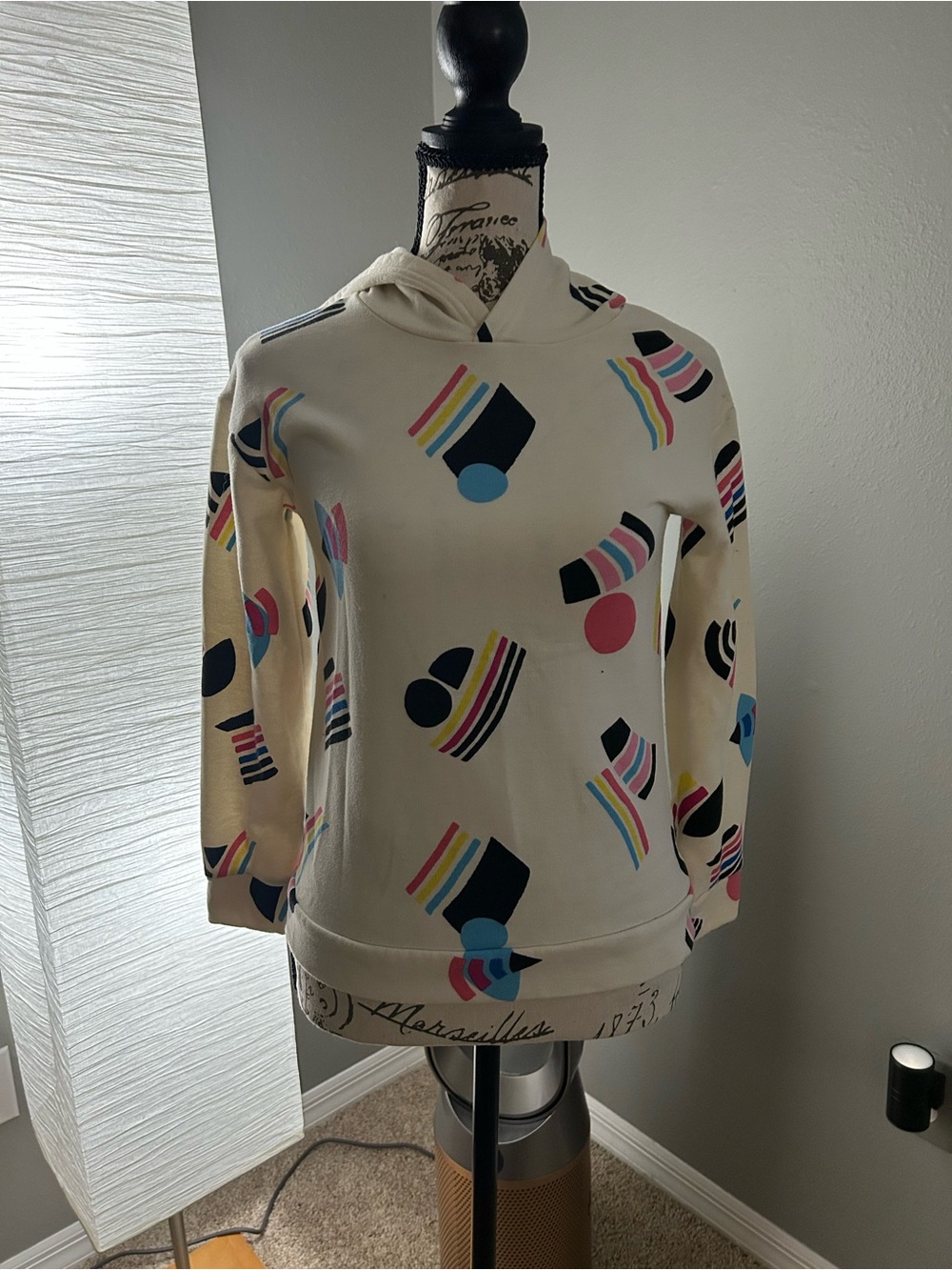 Cream Hoodie with Colorful Geometric Print